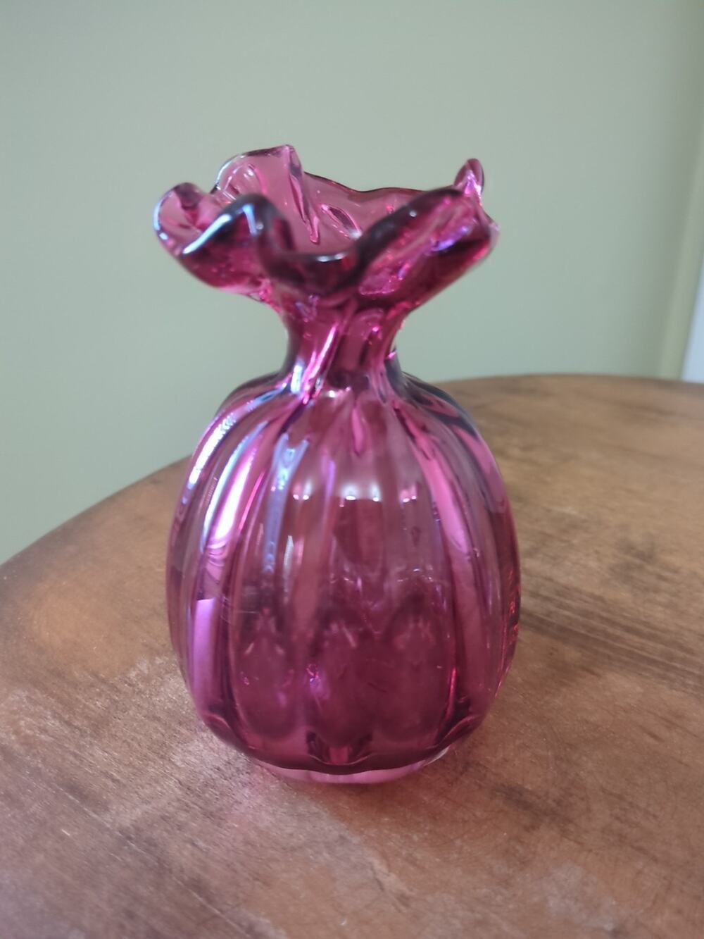 Pilgrim Pinched Neck Cranberry Vase Ruffled Edge 4 3/4" Tall